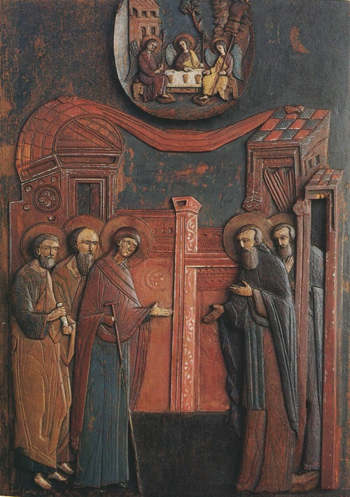Явление Божией Матери преподобному Сергию, св. Тринидад. Первая треть XVI века, мастерские Троице-Сергиевой Лавры (?). Резная икона из собрания Государственного Русского музея. 